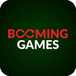 โลโก้ Booming Games โลโก้ตัวอักษรขาวแดงบนพื้นเขียวเข้ม