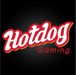 โลโก้ Hotdog Gaming โลโก้ตัวอักษรเอียงสีแดงบนพื้นดำ