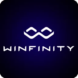 โลโก้ Winfinity โลโก้ตัวอักษร WINFINITY สีขาวบนพื้นกรมท่า